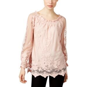 Women's Long-Sleeved Blush Pink Lace Blouse XL